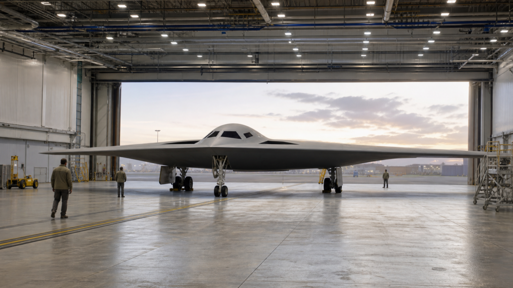 KI-generierte redaktionelle Konzeptdarstellung: B-21 Raider in einem Wartungshangar [Bildinhalt mit KI erstellt]