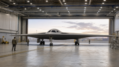 KI-generierte redaktionelle Konzeptdarstellung: B-21 Raider in einem Wartungshangar [Bildinhalt mit KI erstellt]
