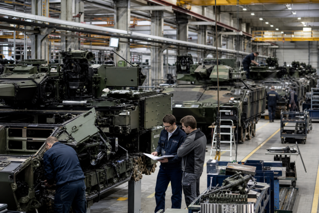 Fachkräfte montieren gepanzerte Fahrzeuge in einer modernen deutschen Produktionshalle [Bildinhalt mit KI erstellt]