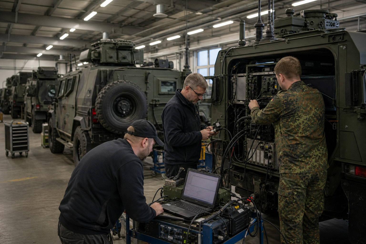 Techniker rüsten ein Bundeswehrfahrzeug in einer Werkhalle mit digitaler Funk- und Führungstechnik aus [Bildinhalt mit KI erstellt]