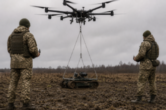 Schwerlastdrohne setzt bei einer Erprobung einen kompakten Bodenroboter ab [Bildinhalt mit KI erstellt]
