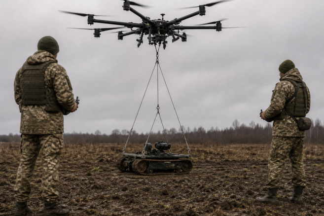 Schwerlastdrohne setzt bei einer Erprobung einen kompakten Bodenroboter ab [Bildinhalt mit KI erstellt]