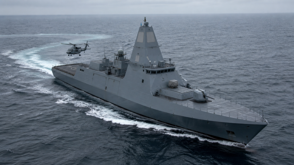 KI-generierte symbolische Darstellung der geplanten deutschen Fregatte F128 auf See mit Sea-Tiger-Bordhubschrauber [Bildinhalt mit KI erstellt]