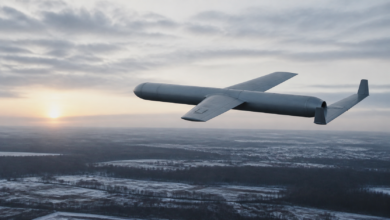 Geran-5 Jet-Drohne über winterlicher Landschaft – Bild mit KI generiert [Bildinhalt mit KI erstellt]