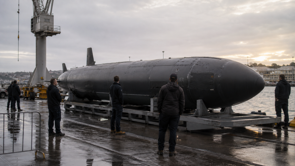 Bild mit KI generiert – realistische redaktionelle Konzeptdarstellung eines Ghost-Shark-XL-AUV an einer australischen Werft. [Bildinhalt mit KI erstellt]