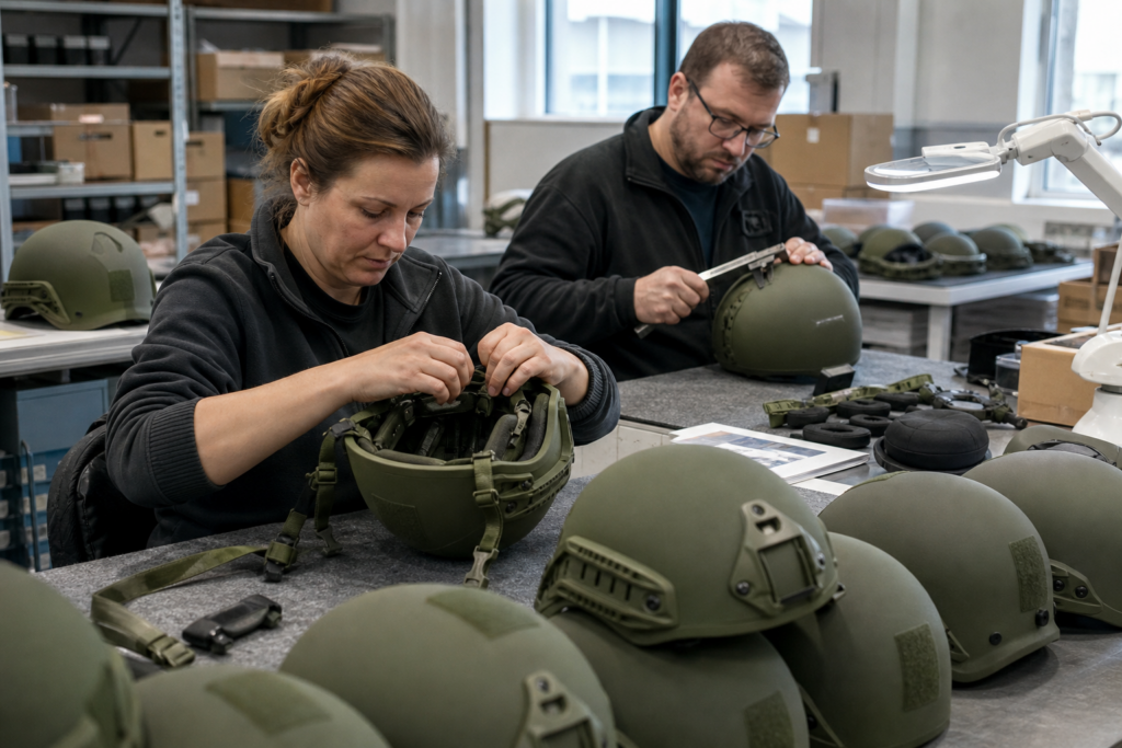 Mitarbeiter prüfen olivgrüne High-Cut- und Low-Cut-Gefechtshelme in einer europäischen Fertigung [Bildinhalt mit KI erstellt]