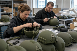 Mitarbeiter prüfen olivgrüne High-Cut- und Low-Cut-Gefechtshelme in einer europäischen Fertigung [Bildinhalt mit KI erstellt]