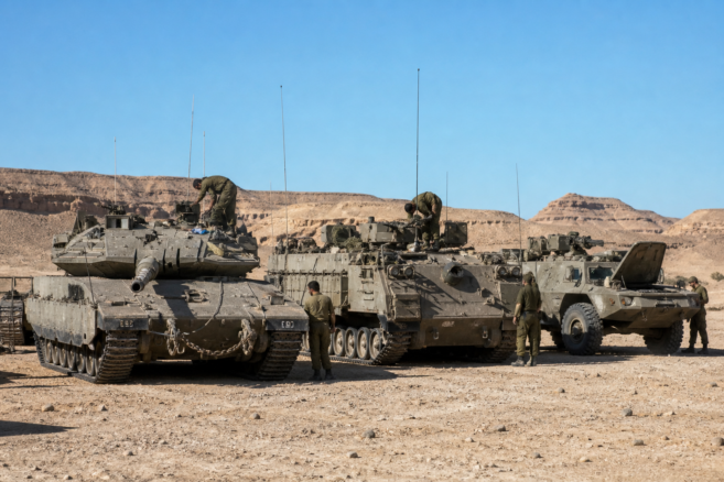 Israelische Panzerfahrzeuge bei Wartungsarbeiten auf einem Wüstenstützpunkt [Bildinhalt mit KI erstellt]