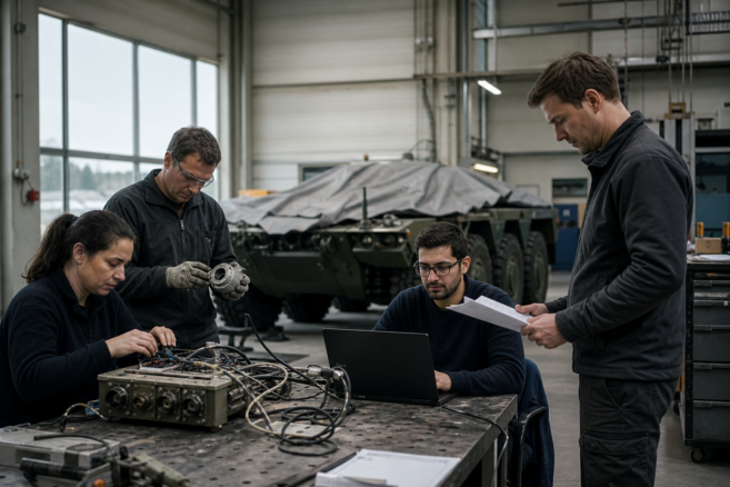 Fachkräfte aus Elektronik, Metallbau, Software und Projektmanagement arbeiten in einer deutschen Industriehalle zusammen [Bildinhalt mit KI erstellt]