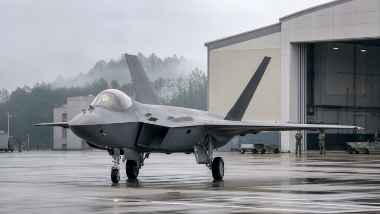 KF-21 Boramae als realistische redaktionelle Konzeptdarstellung auf einem südkoreanischen Flugplatz – Bild mit KI generiert [Bildinhalt mit KI erstellt]