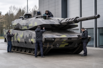 Ingenieure prüfen einen modernen Kampfpanzer-Prototyp vor einer Testhalle [Bildinhalt mit KI erstellt]