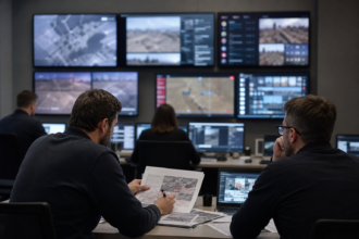 Analysten untersuchen widersprüchliche Medienbilder in einem Monitoringzentrum [Bildinhalt mit KI erstellt]