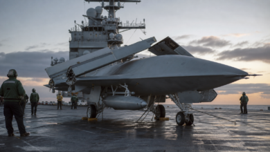 Realistische redaktionelle Darstellung einer MQ-25A Stingray auf einem Flugzeugträger – Bild mit KI generiert [Bildinhalt mit KI erstellt]