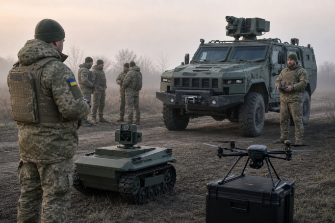 Ukrainische Soldaten prüfen neue unbemannte Systeme auf einem Testgelände [Bildinhalt mit KI erstellt]