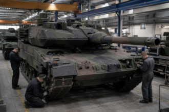 Fachkräfte montieren einen modernen Kampfpanzer in einer deutschen Produktionshalle [Bildinhalt mit KI erstellt]