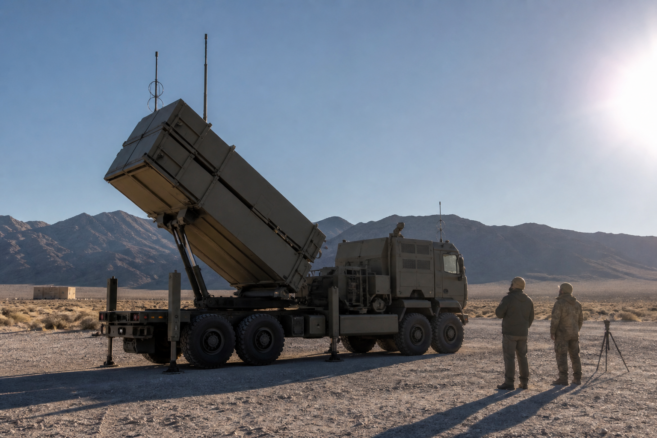 Mobiles Präzisionsraketensystem bei der technischen Erprobung auf einem Testgelände [Bildinhalt mit KI erstellt]