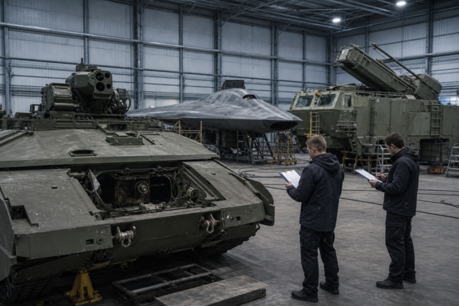 Unfertige russische Militärprototypen werden in einer Testhalle dokumentiert [Bildinhalt mit KI erstellt]