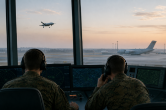 Militärische Radaroperatoren überwachen eine Drohne im Umfeld eines Flugplatzes [Bildinhalt mit KI erstellt]