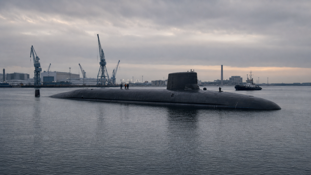 Realistische redaktionelle Konzeptdarstellung eines künftigen SSN-AUKUS in einem Marinehafen – Bild mit KI generiert [Bildinhalt mit KI erstellt]