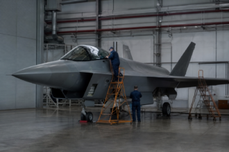 Stealth-Kampfjet-Demonstrator in einer Wartungshalle [Bildinhalt mit KI erstellt]