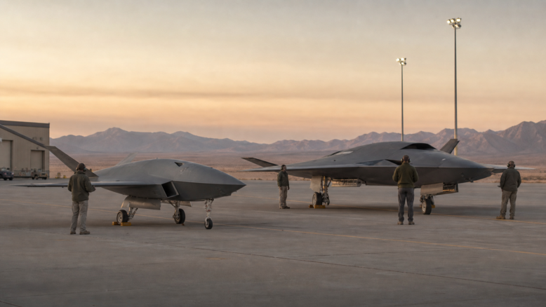 YFQ-42A und YFQ-44A als realistische redaktionelle Konzeptdarstellung auf einem Testflugplatz – Bild mit KI generiert [Bildinhalt mit KI erstellt]