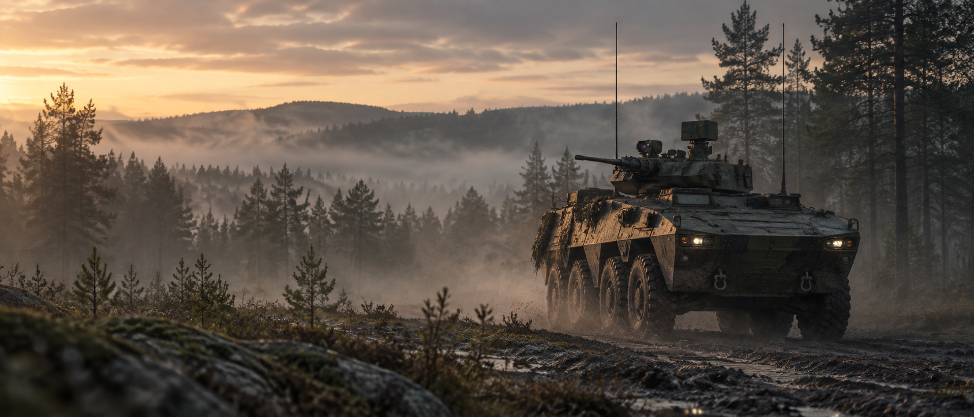 Modernes gepanzertes Aufklärungsfahrzeug in einer nebligen Waldlandschaft bei Sonnenaufgang – Bild mit KI generiert [Bildinhalt mit KI erstellt]