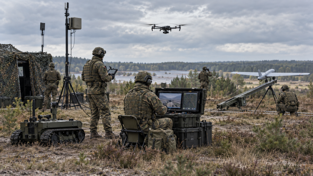 Soldaten bedienen Luft- und Landsysteme des künftigen Bundeswehr-Drohnenregiments – Bild mit KI generiert [Bildinhalt mit KI erstellt]