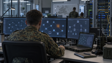 Militärischer IT-Arbeitsplatz mit gestörter Netzwerkverbindung – Bild mit KI generiert [Bildinhalt mit KI erstellt]