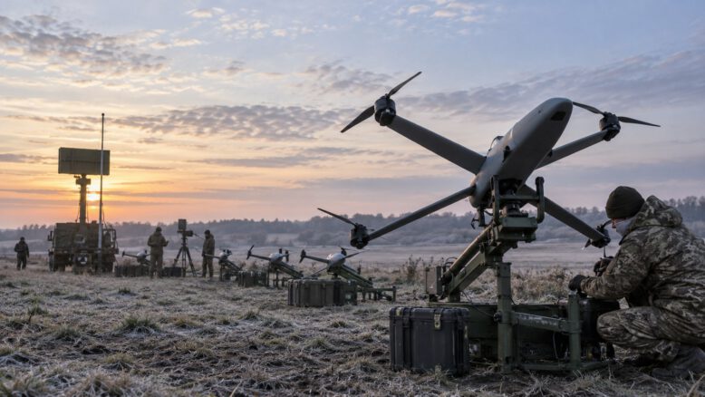 Abfangdrohne an einem mobilen ukrainischen Luftverteidigungsstand – Bild mit KI generiert [Bildinhalt mit KI erstellt]